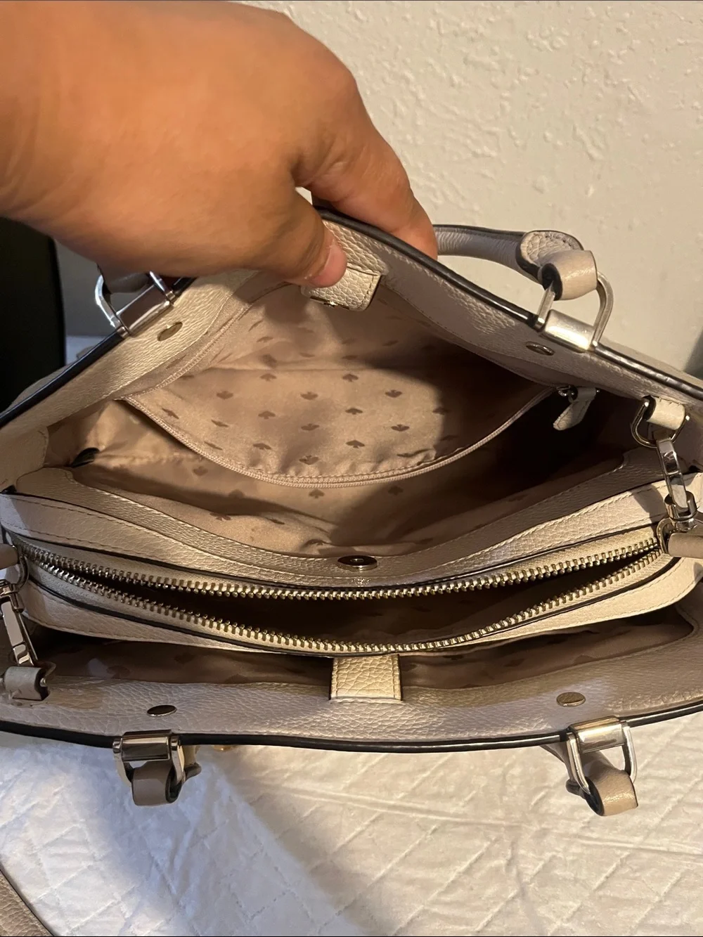 kate spade Neutral Beige Pebbled Leather Satchel with Detachable Strap
